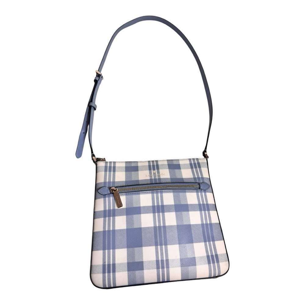 Kate Spade Sadie North/South Blue Plaid Crossbody blue gingham safriano leather